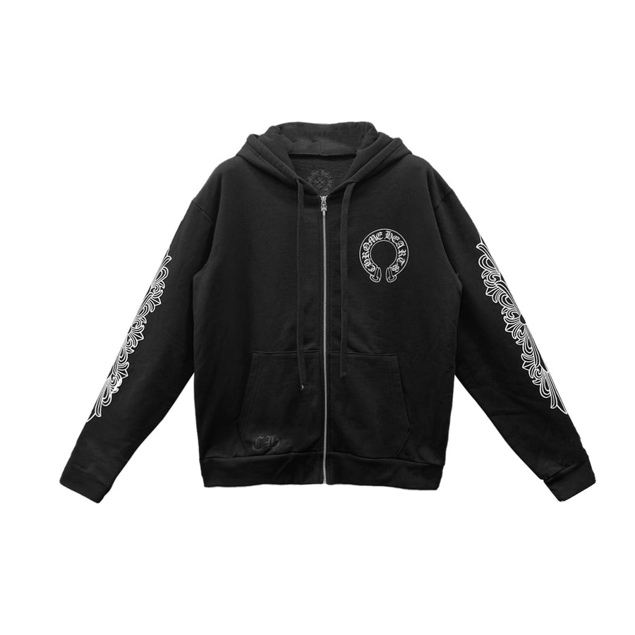 Chrome Horseshoe Floral Fermuarlı Hoodie — Siyah — Ön görünüm
