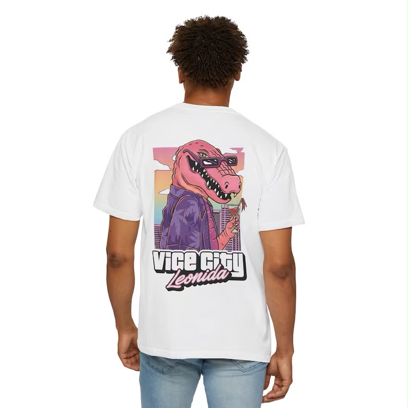 Vice City Dinosaur Grafik T-Shirt — Beyaz
