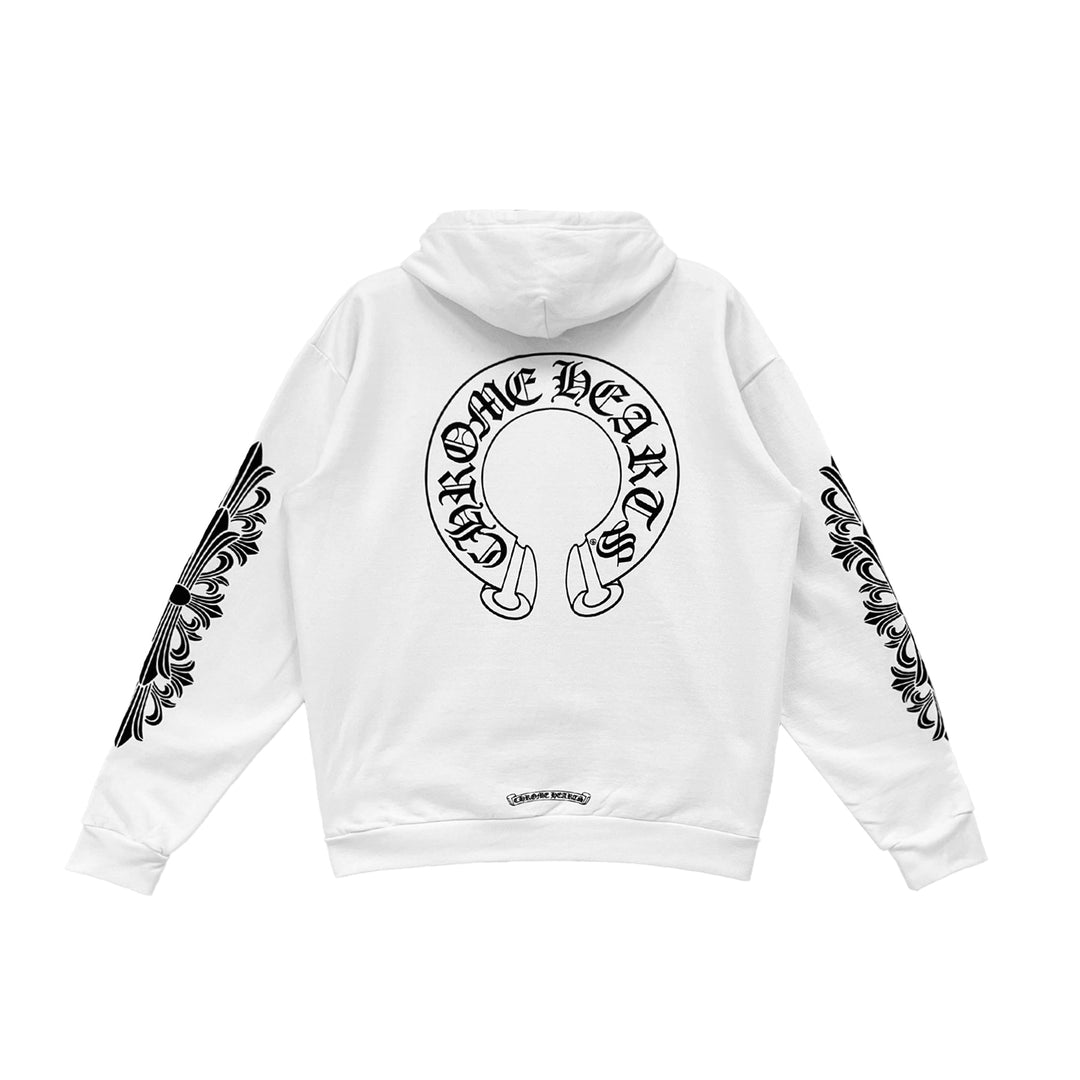 Chrome Horseshoe Floral Fermuarlı Hoodie — Beyaz — Arka görünüm