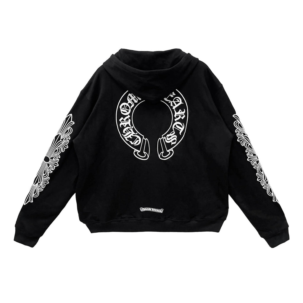 Chrome Horseshoe Floral Fermuarlı Hoodie — Siyah / Açık Amblem — Arka görünüm