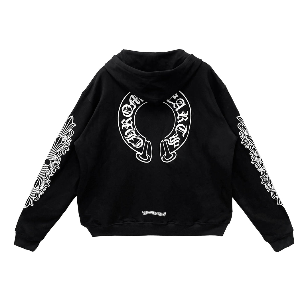 Chrome Horseshoe Floral Fermuarlı Hoodie — Siyah / Açık Amblem — Arka görünüm