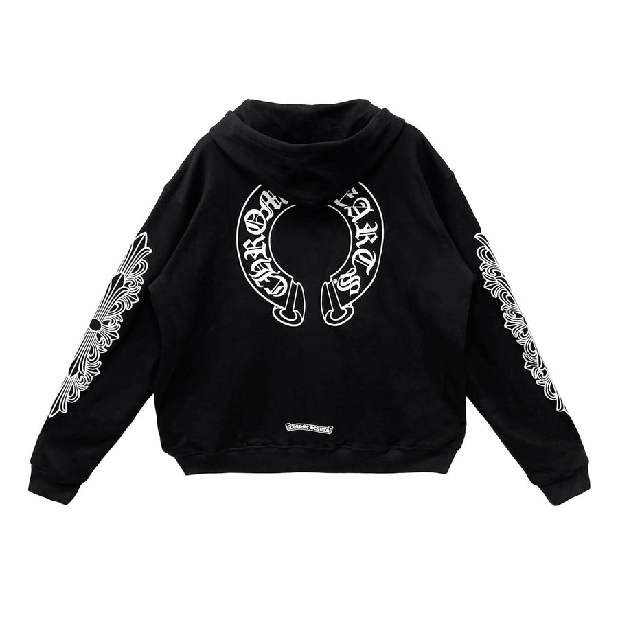 Chrome Horseshoe Floral Fermuarlı Hoodie — Siyah / Açık Amblem — Arka görünüm