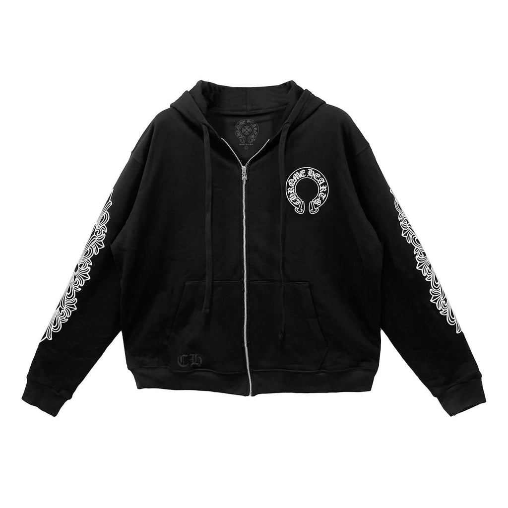 Chrome Horseshoe Floral Fermuarlı Hoodie — Siyah / Açık Amblem — Ön görünüm